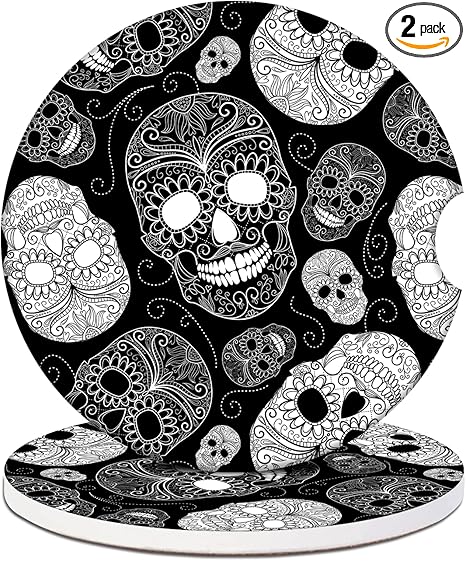 Car Cup Holder Coasters - Black White Sugar Skull Absorbent Ceramic Coaster 2 Pack, Car Coasters for Cup Holders, Fashion Car Interior Accessories Drink Coaster for Women & Men - sugar skull car floor mats