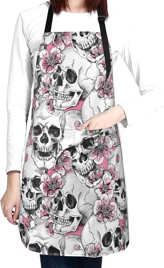 Floral Skull Waterproof Chef Apron with 2 Pockets, Adjustable Neck Kitchen Bib Apron for Cooking Grooming BBQ - sugar skull apron for women