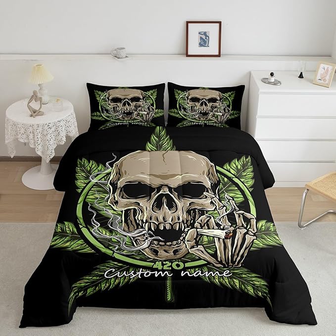 Erosebridal Custom Name Marijuana Leaves Comforter Set, Sugar Skull Bedding Set Twin Size, Cannabis Leaves Weed Quilt for Kids Teens Adult, Skeleton Bones Duvet Insert, 1 Pillow Case, Black Green - sugar skull bedding set