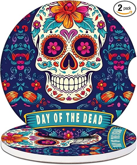 Car Cup Holder Coaster - Sugar Skull Absorbent Ceramic Coaster, Dia de Los Muertos Drink Cup Holder Coasters, Auto Interior Accessories, Drink Cup Holder Coasters for Women & Men Pack of 2 - sugar skull coasters set