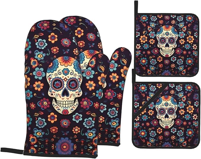 Sugar Skulls Oven Mitts and Pot Holders 4 Pcs Set of Heat Resistant Oven Gloves (7.2""X11"") & Hot Pads (8""X8"") for BBQ, Cooking, Baking, Grilling, Easy to Store, Black - sugar skull oven mitts
