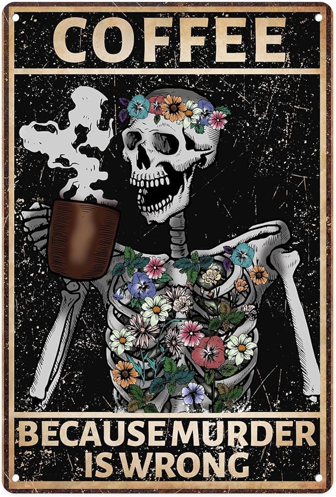 Sanwarm Metal Sign Coffee Skull Retro Flower Horror Vintage Tin Sign For Living Room Cafe Bar Club Office Home Wall Decor 12 X 8 Inch - sugar skull canvas wall art