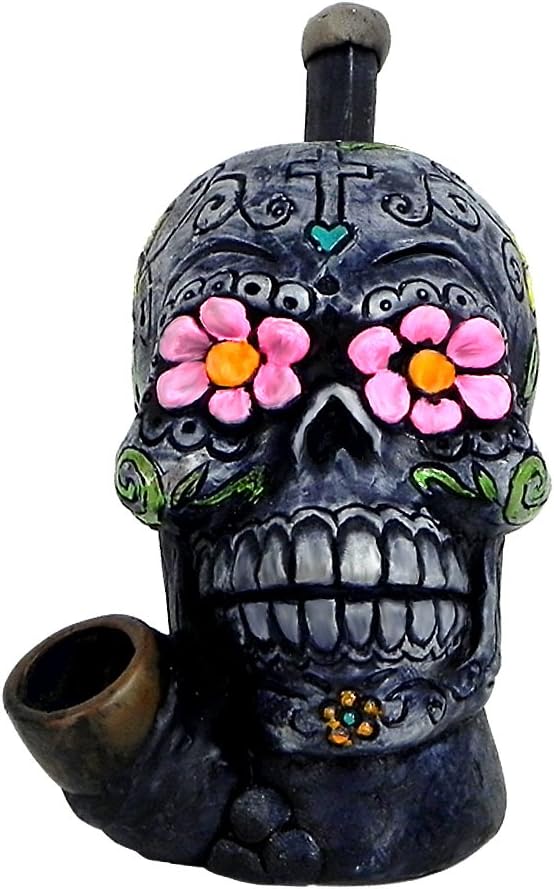 Sugar Skull Figurine - Handmade Day of the Dead Art Natural Coconut Bowl Gothic Holiday Gifts for Smokers (Gray) - sugar skull figurine collectible