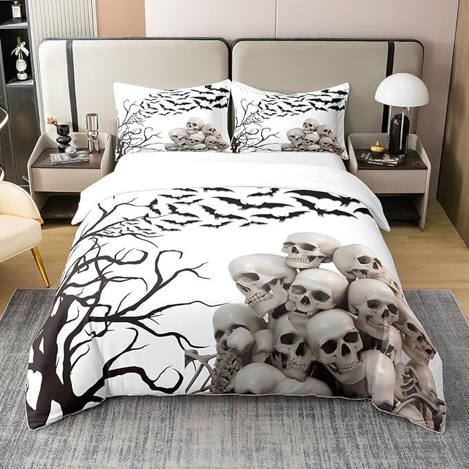 Skeleton 100% Natural Cotton Duvet Cover King Sugar Skull Head Bedding Set,Halloween Skeleton Comforter Cover for Teens Youth Kids,Spooky Scary Bats Bedspread Cover Halloween Decorations Bed Cover - sugar skull bedding set