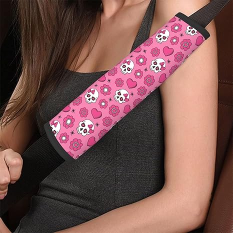 Dujiea Heart Cute Sugar Skulls Car Seat Belt Cover Shoulder Strap Pads for Adults and Children, Soft Comfortable Seatbelt Protector Universal Fit Safety Belt Cushion for Car, Truck, SUV- Pack of 2 - sugar skull car seat covers set