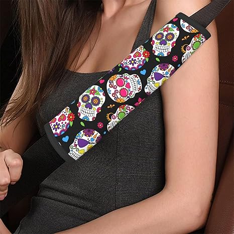 Dujiea Mexican Floral Sugar Skulls Car Seat Belt Cover Shoulder Strap Pads For Adults And Children, Soft Comfortable Seatbelt Protector Universal Fit Safety Belt Cushion For Car, Truck, Suv- Pack Of 2 - sugar skull car seat covers set