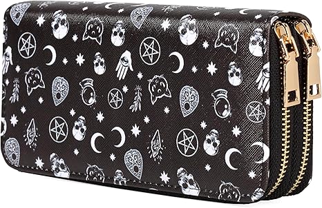 Halloween Skull Wallets for Women Large Capacity 2 Zipper Around Gothic Wallet Ladies Goth Purse Credit Card Holder (Skull) - sugar skull wallets for women