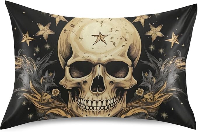 YETTASBIN Skull Star Satin Pillowcase, Soft Breathable Silk Pillow Case with Envelope Closure for Hair and Skin, Standard Size 26 x 20 Inch - sugar skull throw pillow