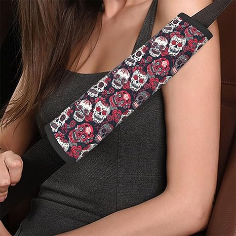 Dujiea Sugar Skull Car Seat Belt Cover Shoulder Strap Pads for Adults and Children- Soft Comfortable Seatbelt Protector Universal Fit Safety Belt Cushion for Car, Truck, SUV- Pack of 2 - sugar skull car seat covers set