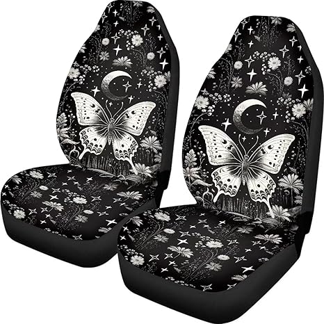 Dreaweet Gothic Butterfly Seat Covers for Cars SUV Trucks,2 Pcs Black Floral Car Accessories with Front Drive Seat Cover Protect Accessories for Women - sugar skull car seat covers set