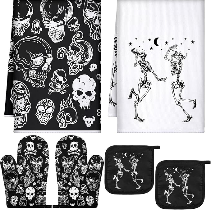 Leinuosen 6 Pcs Gothic Christmas Kitchen Decor Set, Skull Kitchen Dish Towels Spooky Christmas Oven Mitts and Pot Holders Set for Horror Creepy Xmas Party Decor Gifts(Classic Color,Skeleton) - sugar skull oven mitts