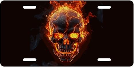 Human Skull Fire Decorative License Plate, Vanity Tag, Metal License Plate, Aluminum Novelty License Plate Home Decor for Men/Women/Boy/Girls 6 X 12 Inch (4 Holes) - sugar skull plates set