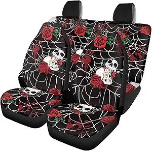 Skull Rose Cobweb Car Seat Covers Full Set Seat Protectors with Split Bench Seat Covers for Cars Interior Covers - sugar skull car seat covers set