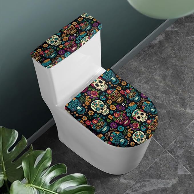 Mexican Sugar Skull Toilet Lid and Tank Cover Cartoon Skeleton Flower with Elastic Bottom Toilet Covers Set Day of The Dead Home Machine Washable Bathroom Accessories - sugar skull toilet mat set