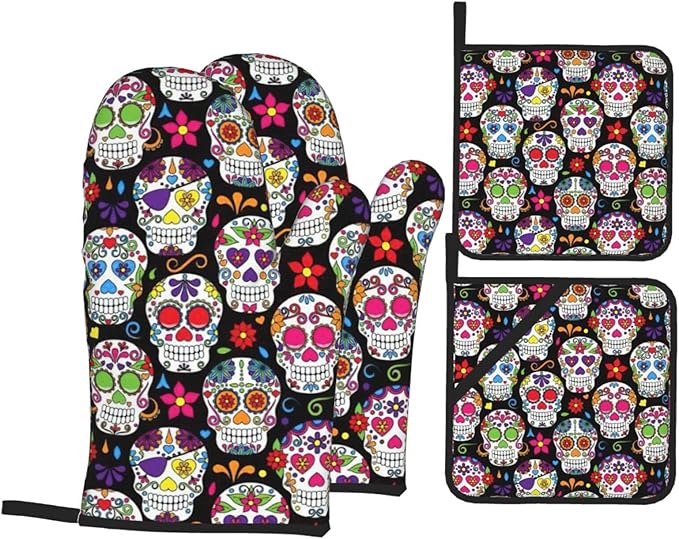 4 Pcs Sugar Skulls Print Heat Resistant Non-Slip Kitchen Oven Mitt and Pot Holder Set,for Cooking. - sugar skull oven mitts