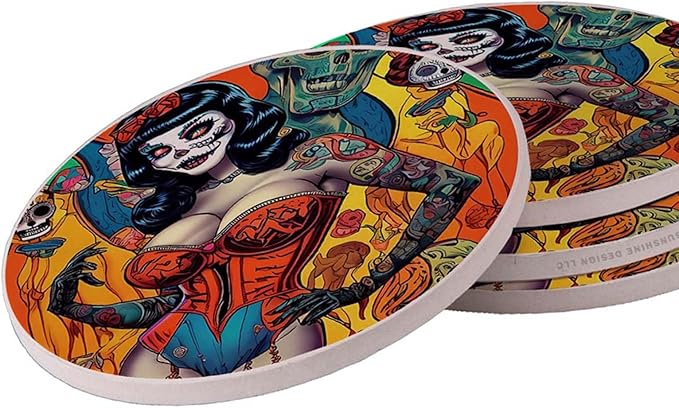 Sugar Skull Rio Zombie Decorative Ceramic Drink Coaster Gift Set - sugar skull coasters set
