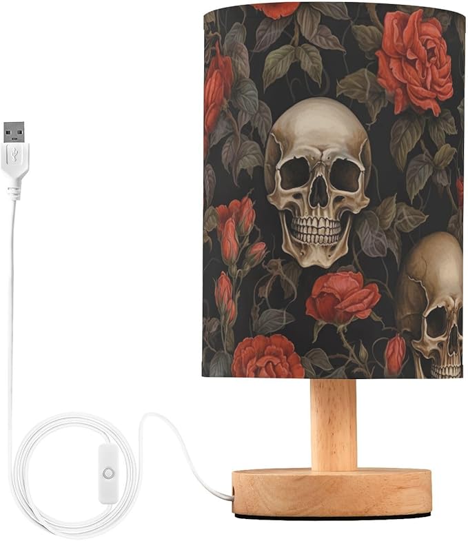 Bedside Lamp Skull Gothic Red Rose Flower Table Lamp with USB Port Wood Base for Living - sugar skull table lamp