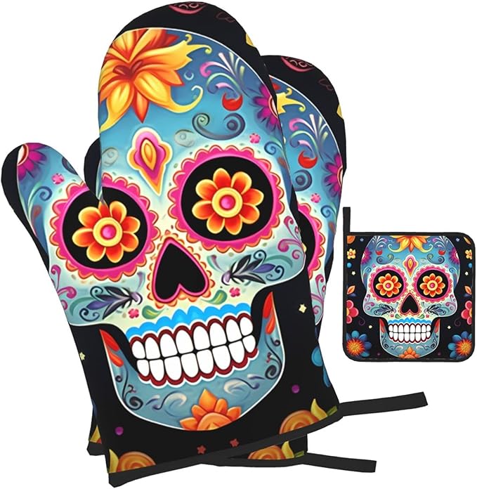 Oven Mitts and Pot Holders 3 pcs Set Oven Glove for Cooking Sugar Skulls Oven Mitt Heat Resistant Kitchen Oven Gloves and Hot Pads Non-Slip Cooking Gloves for Baking Kitchen Hot Pads - sugar skull oven mitts