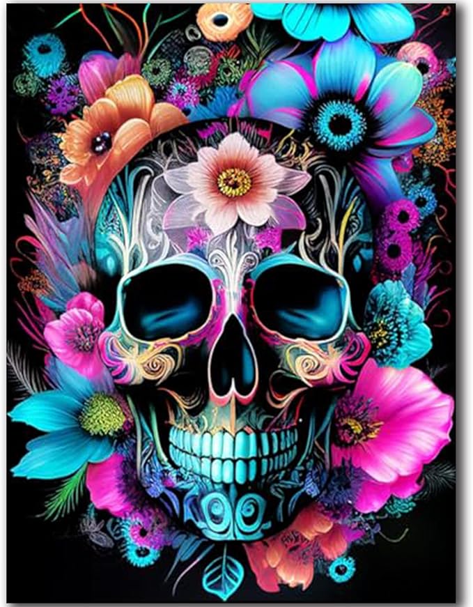 igoodom Diamond Art Kits for Adults, Sugar Skull Diamond Painting Kit, Full Drill Round Skull Flower Diamond Art Kits, DIY Gem Art and Crafts for Home Wall Decor Gift 12x16inch - sugar skull coasters set