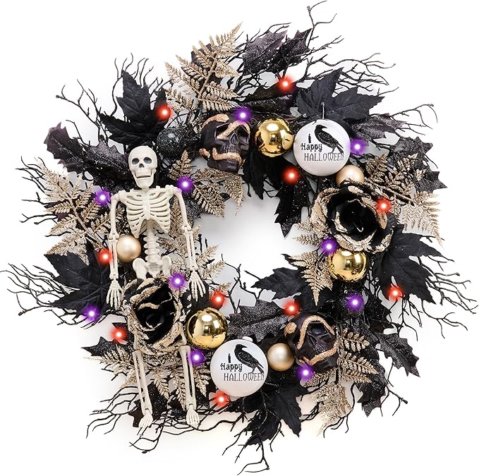 DecorbyHannah Collapsible Halloween Door Wreath, 24 Inch Light Up Black Halloween Wreaths for Front Door with Skeleton, Skulls and Roses, Scary Halloween Decorations Indoor Outdoor for Porch Window - sugar skull wreath for front door