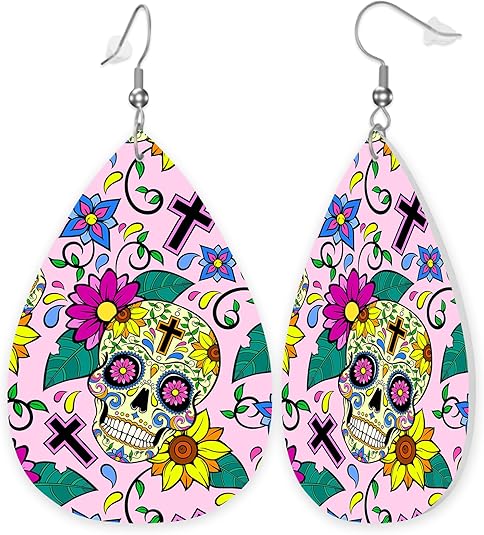 Leather Earrings Set, Lightweight Faux Leather Teardrop Dangle Earrings, Teardrop Jewelry Earrings - sugar skull plates set