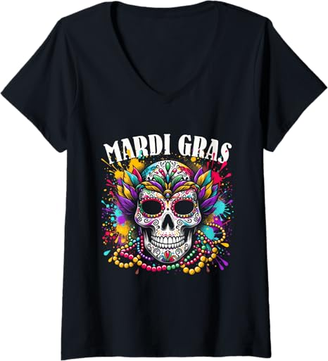 Colorful Sugar Skull Beads Mask Mardi Gras Tee - sugar skull face mask