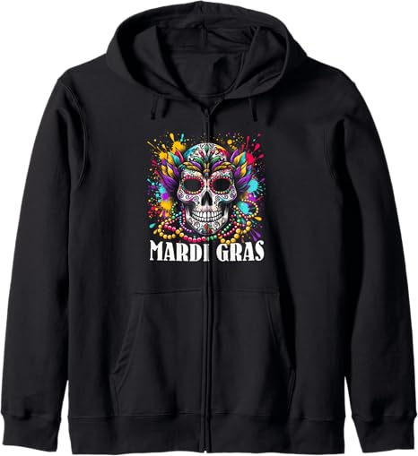 Colorful Sugar Skull Beads Mask Mardi Gras Tee - sugar skull zip up hoodie mens
