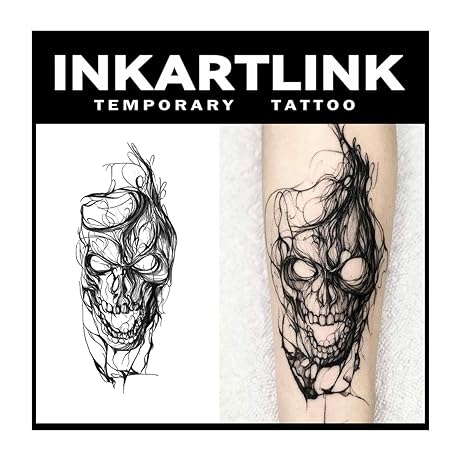 INKARTLINK Tattoo Tech, 2 Sheets Large Semi Permanent Tattoo, Adult Art Design Temporary Tattoos, Lasts 1-2 Weeks, Waterproof, Realistic Look, No Adhesive, No Reflection (Skull Head Design) - sugar skull temporary tattoo