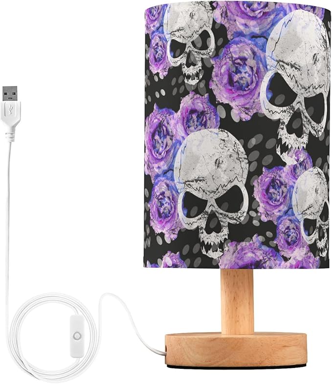 Gothic Pattern Table Lamp with Wood Base and Fabric Shade - Purple, Blue Rose Flower Design for Nightstand, Bedside, Desk, Living Room, Bedroom, Kids Room, Office - sugar skull table lamp