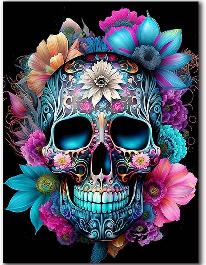 igoodom Diamond Art Kits for Adults, Sugar Skull Diamond Painting Kit, Full Drill Round Skull Flower Diamond Art Kits, DIY Gem Art and Crafts for Home Wall Decor Gift 12x16inch - sugar skull canvas wall art
