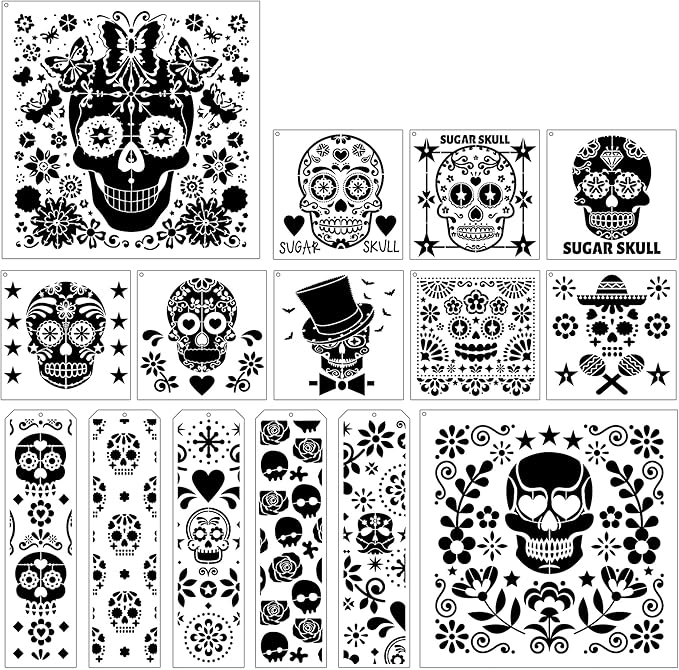 Sugar Skulls Painting Stencils Template - 15 Pcs Day of The Dead Floral Sugar Skulls Traditional Symbols Patterns DIY Stencils Drawing Template Set for Wood Table Clothes T-Shirt Painting DIY Drawing - sugar skull temporary tattoo