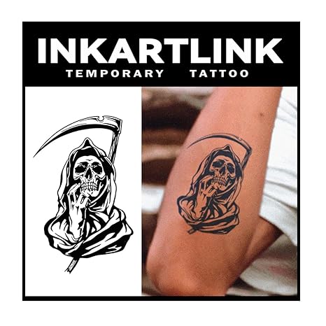 INKARTLINK Tattoo Tech, 2 Sheets Medium Semi Permanent Tattoo, Adult Art Design Temporary Tattoos, Lasts 1-2 Weeks, Waterproof, Realistic Look, No Adhesive, No Reflection (Grim Reaper Design) - sugar skull temporary tattoo
