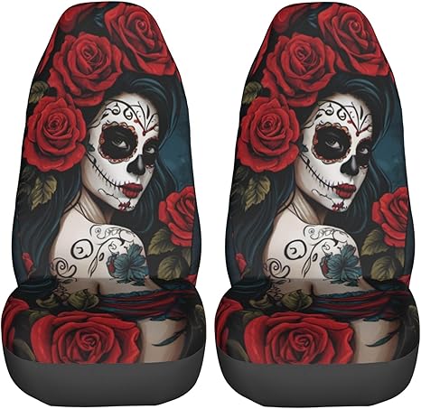 KiuLoam Day of The Dead Sugar Skull Car Seat Covers for Women Girls, 2 Pcs Universal Fit Front Auto Seat Cover Protector for Vehicle Sedan SUV and Truck - sugar skull car seat covers set