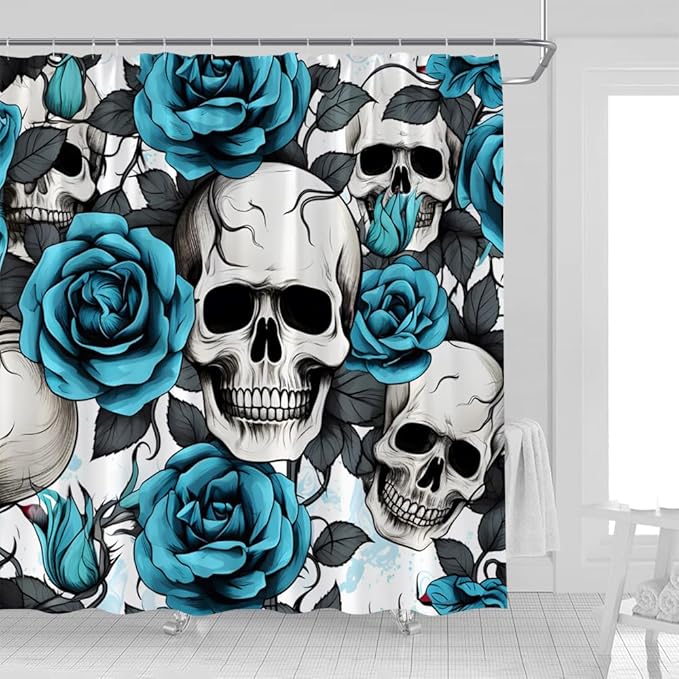 Skull Floral Shower Curtain Turquoise Sugar Rose Floral Watercolor Vintage Wildlife Halloween Gothic Fabric Bathroom Decor Curtains with Hooks,70 x 70 - sugar skull shower curtain set