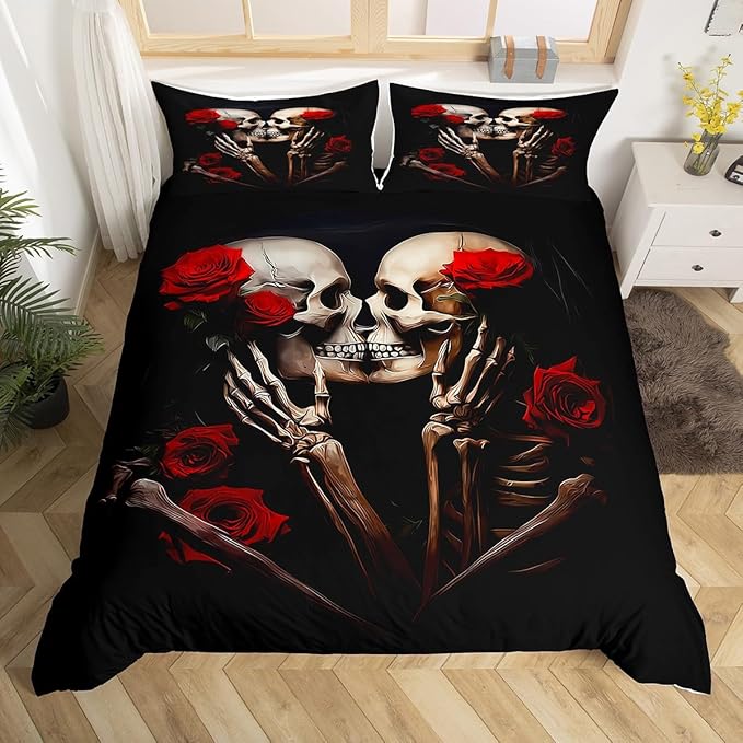 jejeloiu Sugar Skull Bedding Set Full Size Kids Rose Gothic Skull Comforter Cover Set for Boys Girls Teens Love Duvet Cover Romantic Bedspread Cover Room Decorations Quilt Cover - sugar skull bedding set