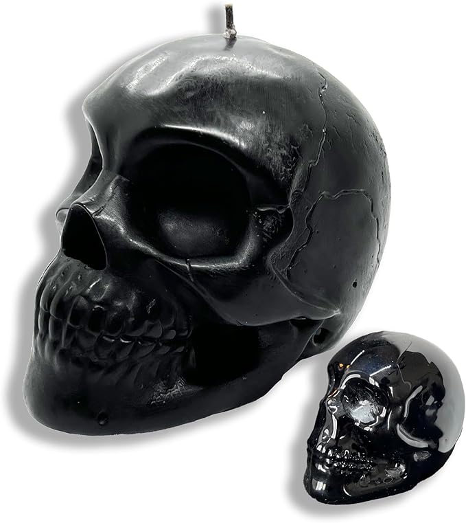 Glass Skull Candle | Melt Reveal Inner Glass Skull | Large 6” L | Longe Burn Time! | Beautiful Gift Box | Bedroom or Home Decor | Unique Gothic Spooky Goth Gift (Black, Unscented) - sugar skull candle holder