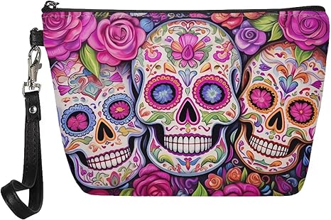 Pink Sugar Skull Rose Printed Womens Makeup Bag PU Leather Handle Cosmetic Pouch Shopping Clutch Bag - sugar skull handbags for sale
