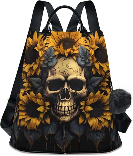 Sunflower Smile Skull Travel Backpack Purse for Women Multipurpose Design Ladies Fashion Bag with Pompom - best sugar skull backpack