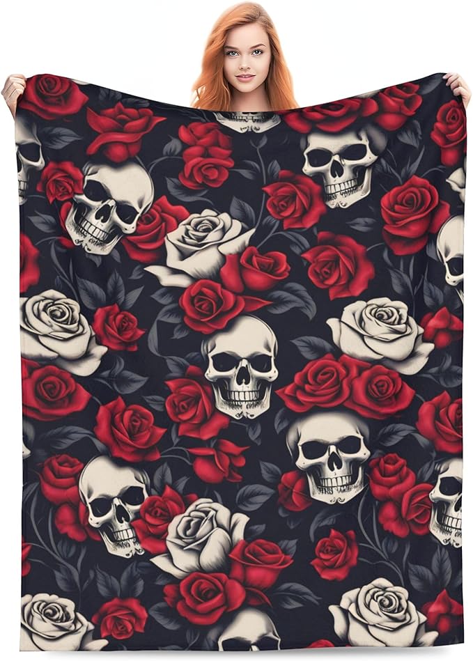 Horror Skull Blanket Gifts for Kids Adults Soft Warm Lightweight Cozy Gothic Red Rose White Black Skulls Throw Blankets for Bed Living Room Sofa Couch Halloween Goth Decor 50x60in - sugar skull throw blanket