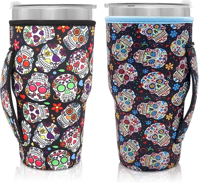 Neoprene Insulated Sleeves Cup Holder with Handle for 30oz - 32oz Tumbler Cups, Reusable Iced Coffee Cup Sleeve For XLarge 38-42oz Coffee cups(Sugar Skull(2 Pack)) - sugar skull tumbler with straw