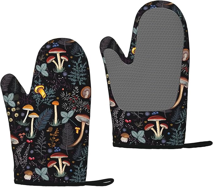 Mushroom Gifts Oven Mitts and Pot Holders, 2-Piece Set, Silicone Cooking Oven Gloves, Kitchen Counter Safe Trivet Mats, Heat Resistance, Non-Slip Textured Grip(Gloves) - sugar skull oven mitts