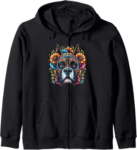 Boxer Dog Cinco De Mayo Sugar Skull Flower - sugar skull zip up hoodie mens