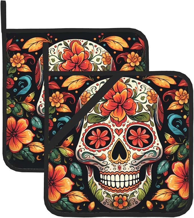 2 Pack Pot Holders for Kitchen Heat Resistant Pot Holders with Pocket Oven Potholders Colorful Sugar Skull Washable Hot Pads for Cooking Baking Oven Pans Trivet 8x8 Inches - sugar skull coasters set