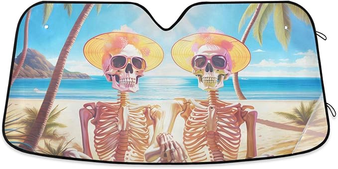 Car Windshield Sun Shade, Skeleton on The Beach Skull Palm Tree Windshield Sunshades Sun Visor Protector Foldable Blocks UV Rays - sugar skull car sunshade for windshield