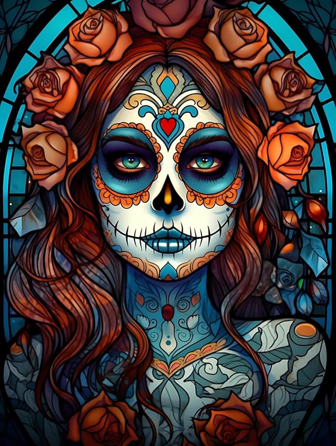 Modern Wall Art Stained Glass Art Girl Sugar Skull Canvas Poster Print Artwork Painting Pictures Mexican Office Wall Decor Artwork Unframed 24x36inch - sugar skull poster print