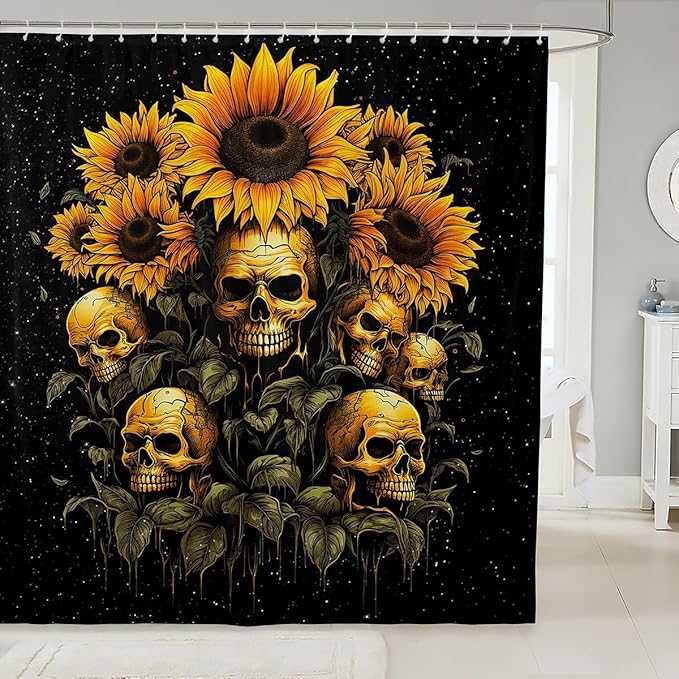 Sugar Skull Shower Curtain,Sunflower Bedding Set for Kids Girls Boys Teens Bathtub Decor,Gothic Bohemia Style Waterproof Curtain Trippy Botanical Bath Curtain,Black Yellow,12 Hooks,72"Wx72"L - sugar skull shower curtain set