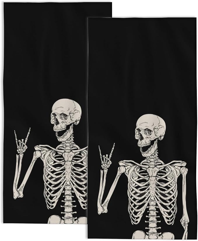 Hand Towels for Bathroom Set of 2,Rock and Roll Skeleton Bath Towels Art Decorative Soft Bathroom Towels for Kitchen Guest Gym Spa 14x28in - sugar skull beach towel
