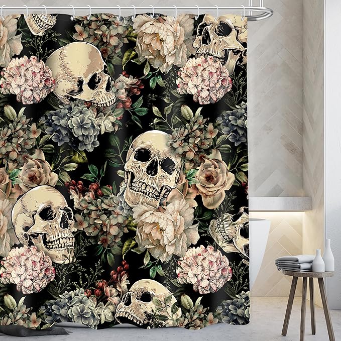 AMBZEK Sugar Skull Gothic Shower Curtain 72Wx72L Inch Halloween Spooky Floral Skeleton Plant Goth Vintage Mystical Artwork Cloth Fabric Waterproof Polyester Bathroom Decor Set with 12 Pack Hooks - sugar skull shower curtain set