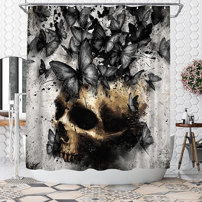 WELMECO Skull with Butterfly Shower Curtain Gothic Bathroom Decor Polyester Fabric, 72x72inch (Black) - sugar skull shower curtain set