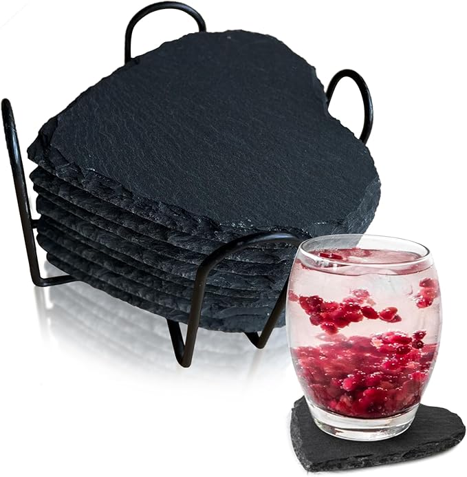 Black Slate Coasters for Drinks, Cup Coaster Set of 8 with Metal Holder, Coffee Cup Beverage Wine Beer Coasters for Home Office Bar Decor (Heart) - sugar skull coasters set